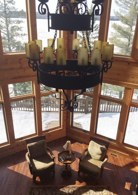 beautiful iron chandelier, vast windows in the main room allow for amazing views 