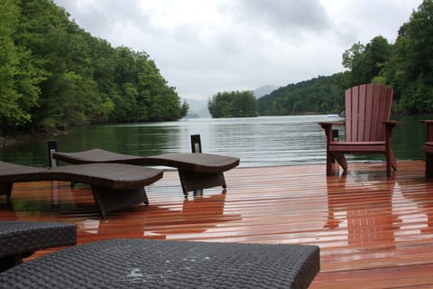 View from the dock of the island and mountains in the distance. Clean water!