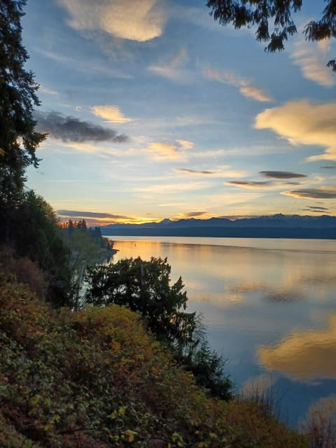sunset, view from the living room and kitchen and from the deck