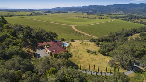 Ariel view of villa and Dry Creek Valley vineyards
