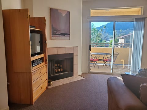 Mountain views and private balcony from the living room.