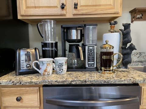 Coffee Pot (Uses Grounds), Frother, French Press, Bean Grinder, Toaster, Blender
