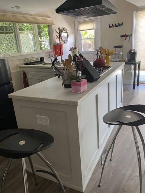 Kitchen Area. Quartz Counter, GE Stove, Kitchen Aid Dishwasher and Sink.