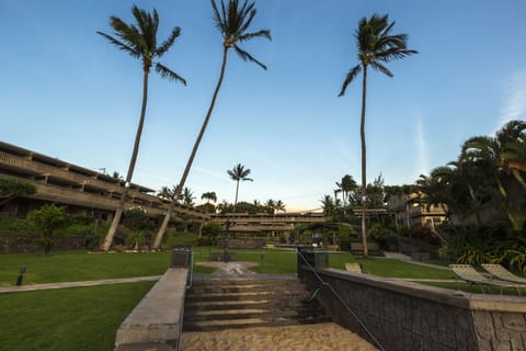 Sunrise view of Kahana Sunset from beach - large grassy area, bbq and pools