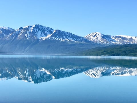 Sunny day on the lake with a mirror reflection