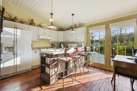 Kitchen with bar seating. 