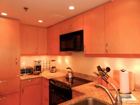 Custom Maple cabinets, paneled SubZero, Toaster/Oven, Elec Coffee, Blender, 