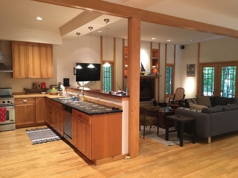 open kitchen, living room, dining room