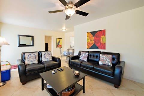 Large open great room has HDTV and DVD player.