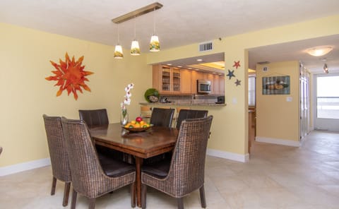 Comfortable dining area can seat up to eight when expanded. 