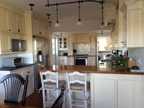 Chef's kitchen with stainless steel appliances, limestone counters and farm sink