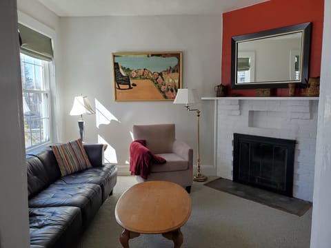 Living room with decorative fireplace