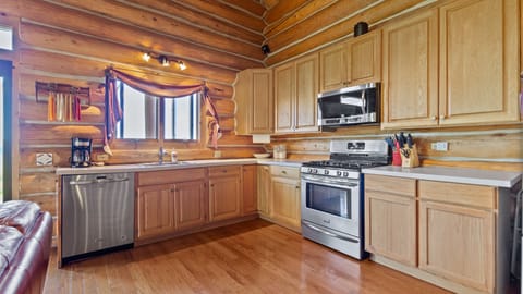 Kitchen has a dishwasher, oven, large fridge, and microwave with a lake view.