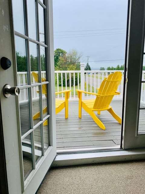 Upstairs deck, watch ferry come and go from Mackinac Island.