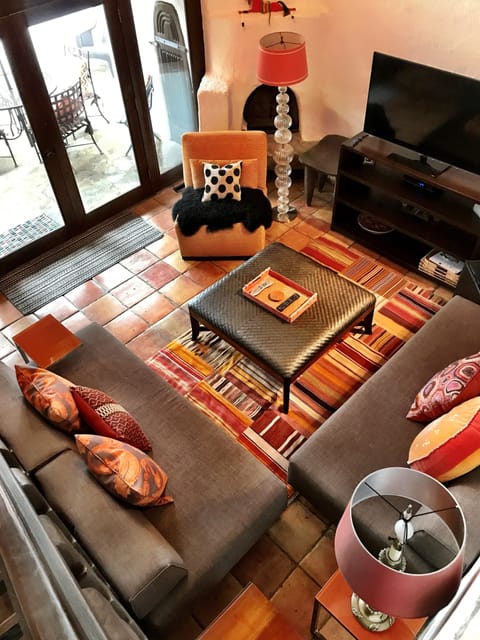 Spacious vaulted living room, with fireplace and access to the private courtyard