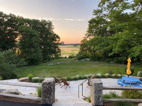 Patio with panoramic view of our lawn and miles of beautiful marshes - see video