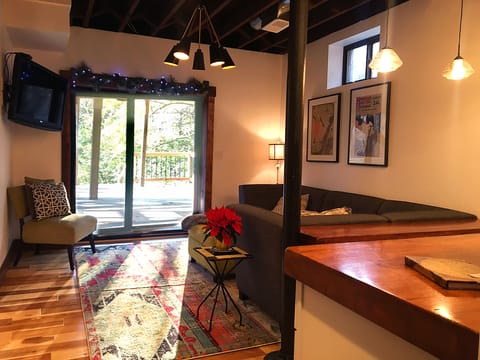 Walking into apartment, kitchenette on the right and living room with cable tv