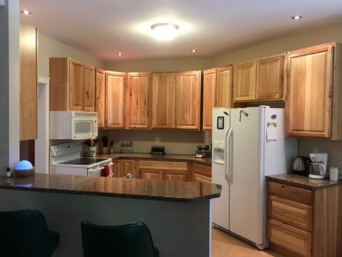 Open concept Kitchen w/fridge, stove, microwave, dw, many small appliances 