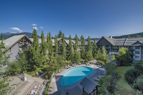 Year-round heated outdoor swimming pool viewed from our deck