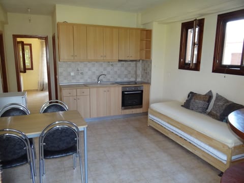 The open kitchen and living room with dining table and sofa