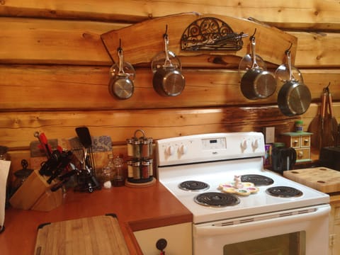 Everything needed for cooking - pots, dishes, spices, olive oil - just add food!