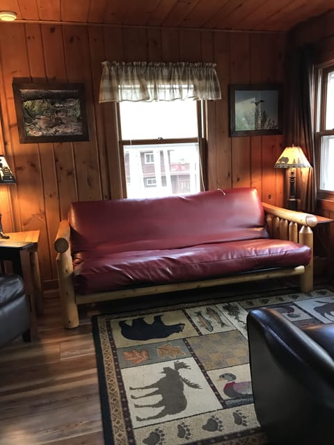Log futon in living room, opens to full sleeper.  Linens provided