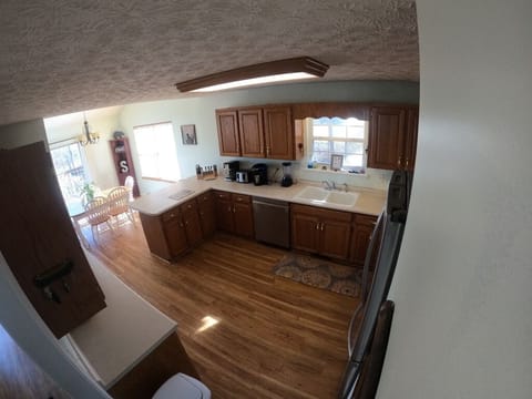 Kitchen with View of dining room. Note both a kuerig and a drip coffee maker