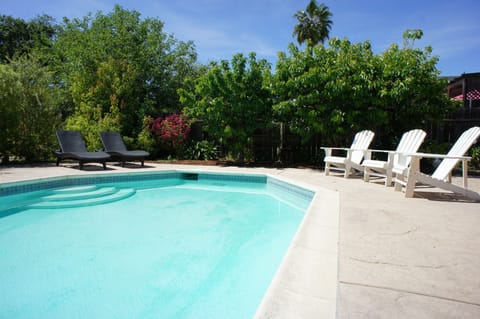Plenty of places to lounge around the pool surround by a lush garden.