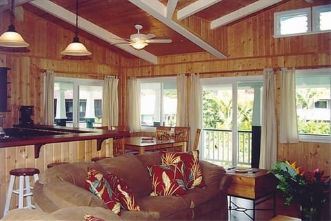 Large living room with open kitchen cozy couches great views