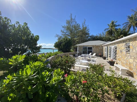Seaside terrace - steps to the beach and a view of Levy Island across the bay.