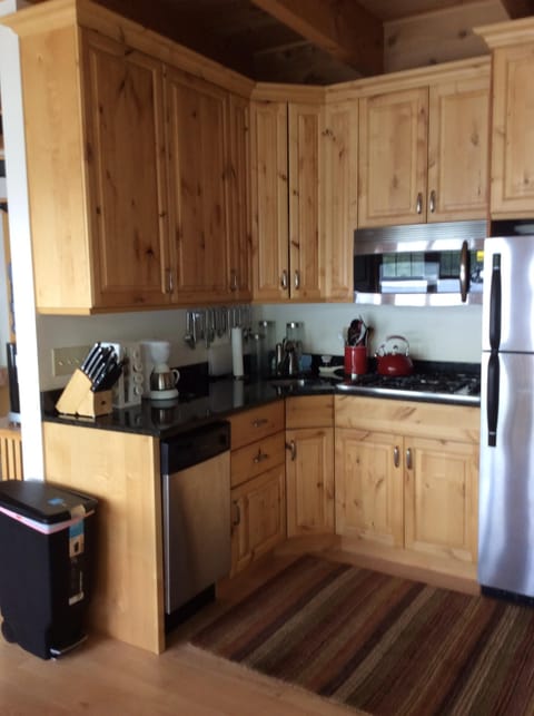 Kitchen with knotty alder cabinets, stainless steel appliances and granite 