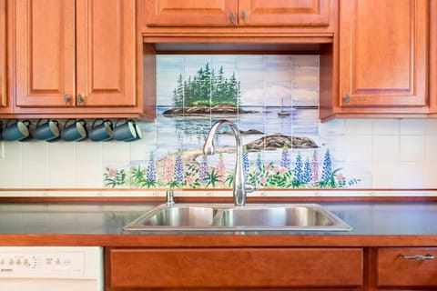 Hand painted tiles behind the kitchen sink.