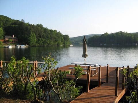 Private Dock with picnic table. Our pontoon boat is docked here.