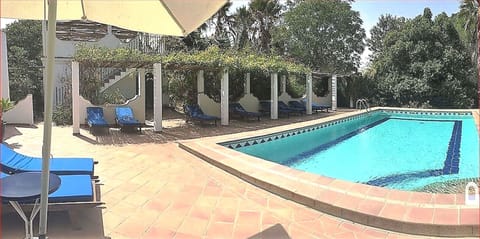 The pool, surrounded by partly shaded terraces  with sunbeds.