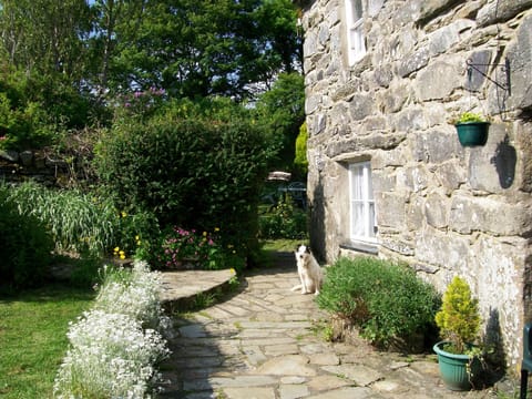 Front view of the house with Roxy pet dog and private guests garden to the side.