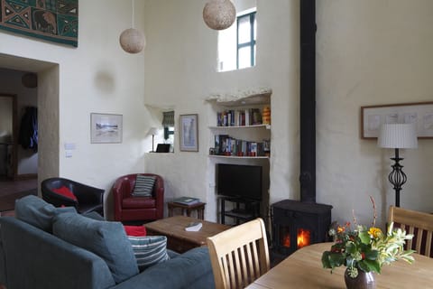 Living room with wood burning stove.