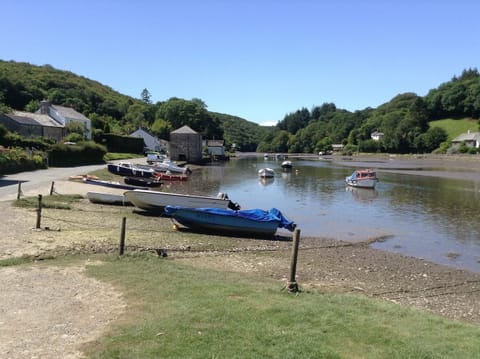 looking down the river from the balcony at low tide.