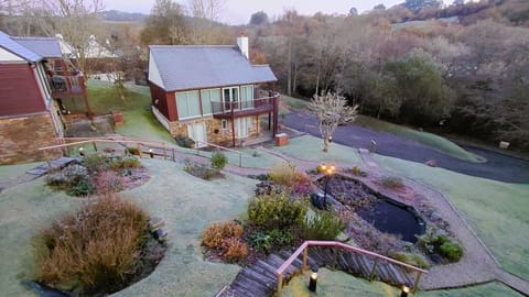 View of courtyard and parking area from balcony on a frosty winter morning