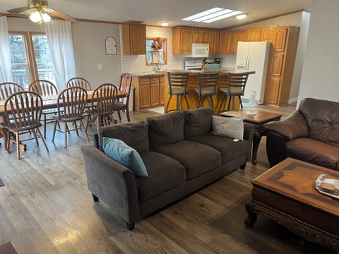 Kitchen, living, and dining.