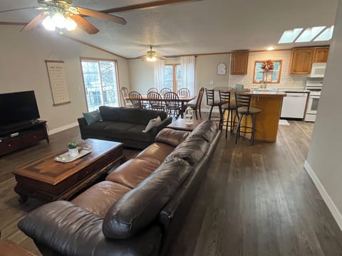 Kitchen, living, and dining.