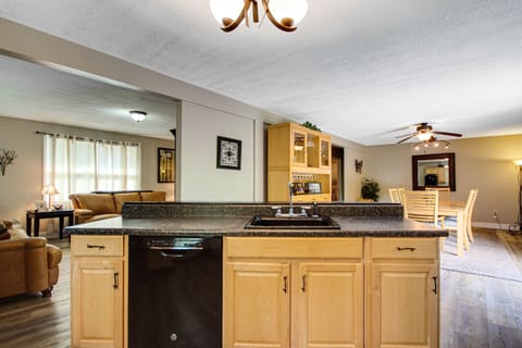 Kitchen open into living and dining