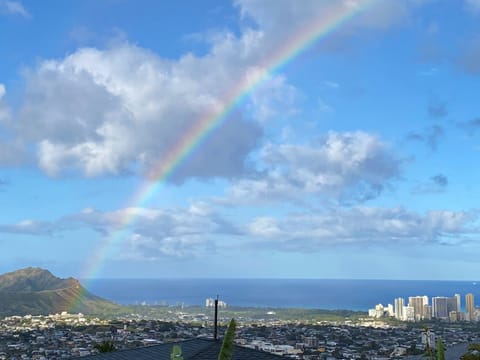 View from lanai-Rainbow over Diamond Head, ocean & Waikiki