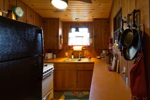 View into Kitchen-new flooring and fridge, Fall 2019