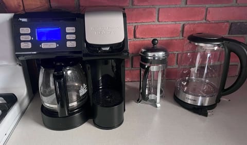Drip, Keurig pods, French press and kettle for instant or tea