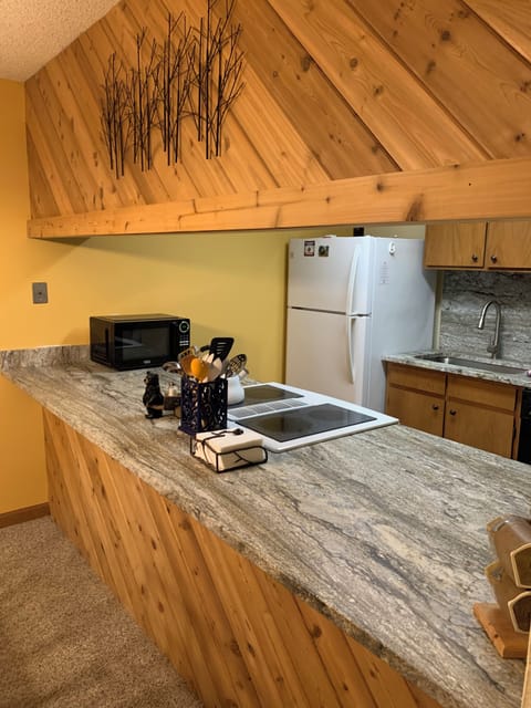 Updated granite countertops with down draft range.