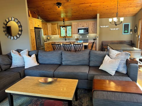 Very comfortable LoveSac couch. Relax and watch movies or enjoy a fire and chat!