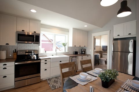 stainless steel appliances, full fridge