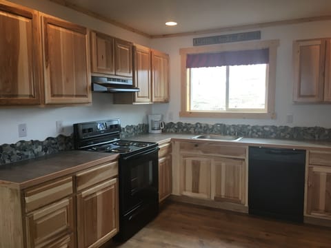 Kitchen with dishwasher , electric stove, microwave.  We supply coffee and tea.