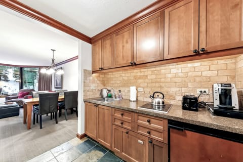 Kitchenette with 2 burners cooktop, dishwasher, microwave, half fridge & toaster