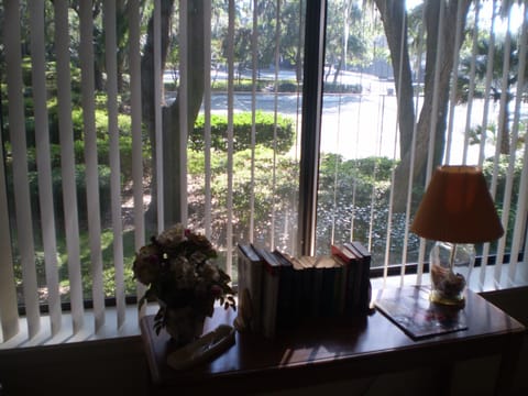 Master Bedroom view (South by Southwest) the tennis courts and the relaxing oaks